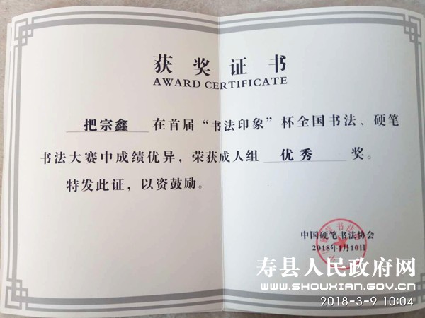 寿县在首届书法印象杯全国书法硬笔书法大赛中获奖